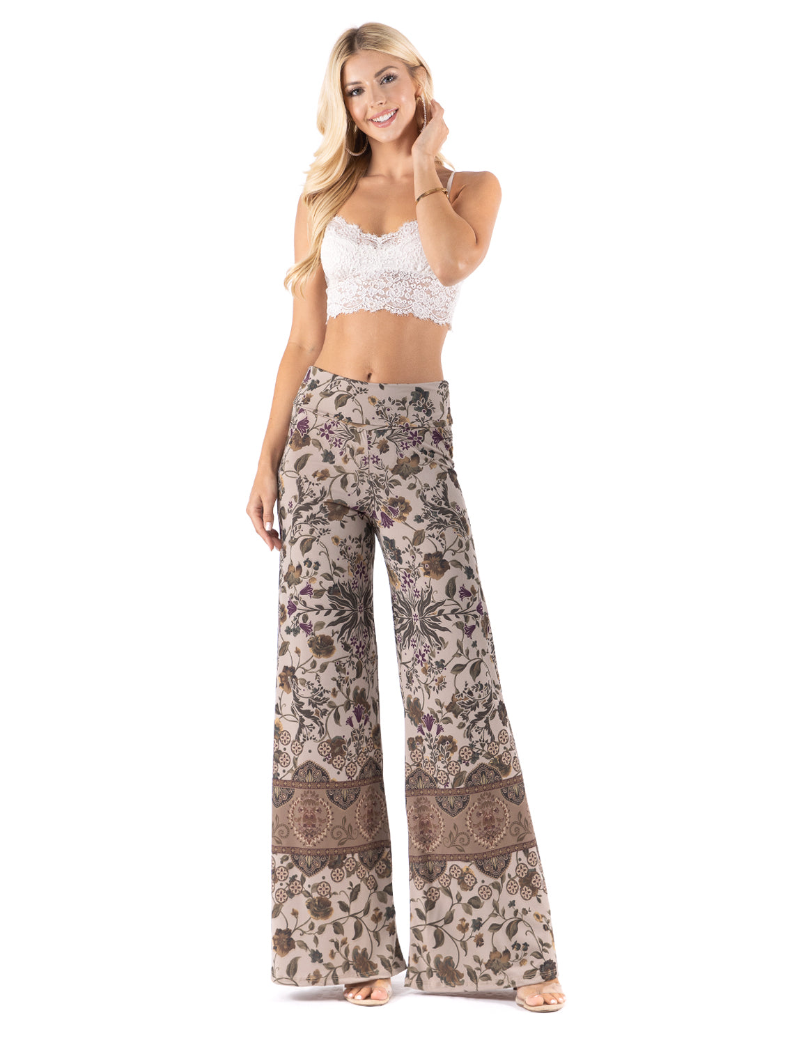 Tan Vintage Floral Print  High Waist Palazzo Pants
