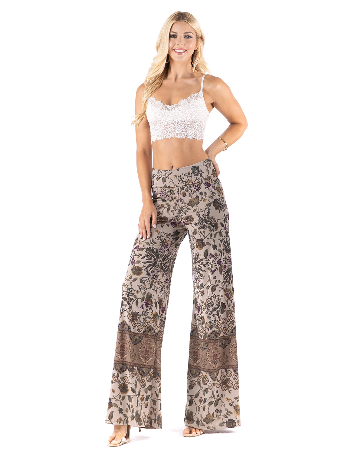 Tan Vintage Floral Print  High Waist Palazzo Pants