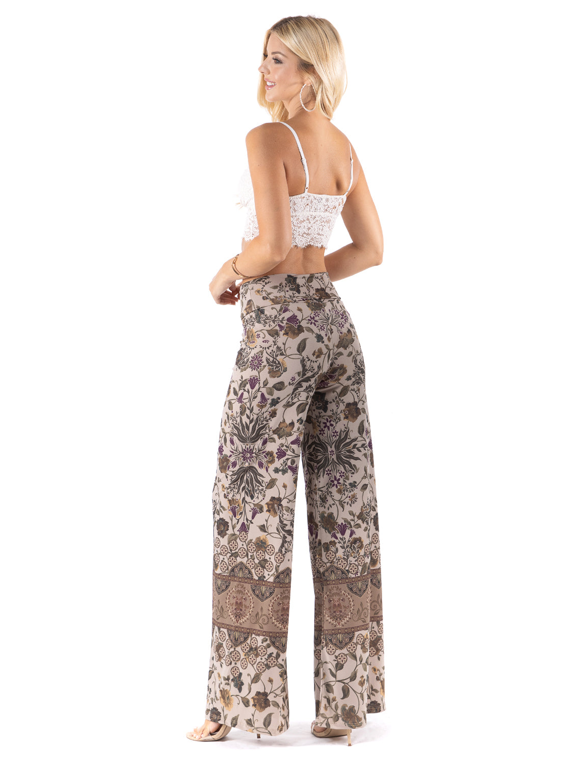 Tan Vintage Floral Print  High Waist Palazzo Pants