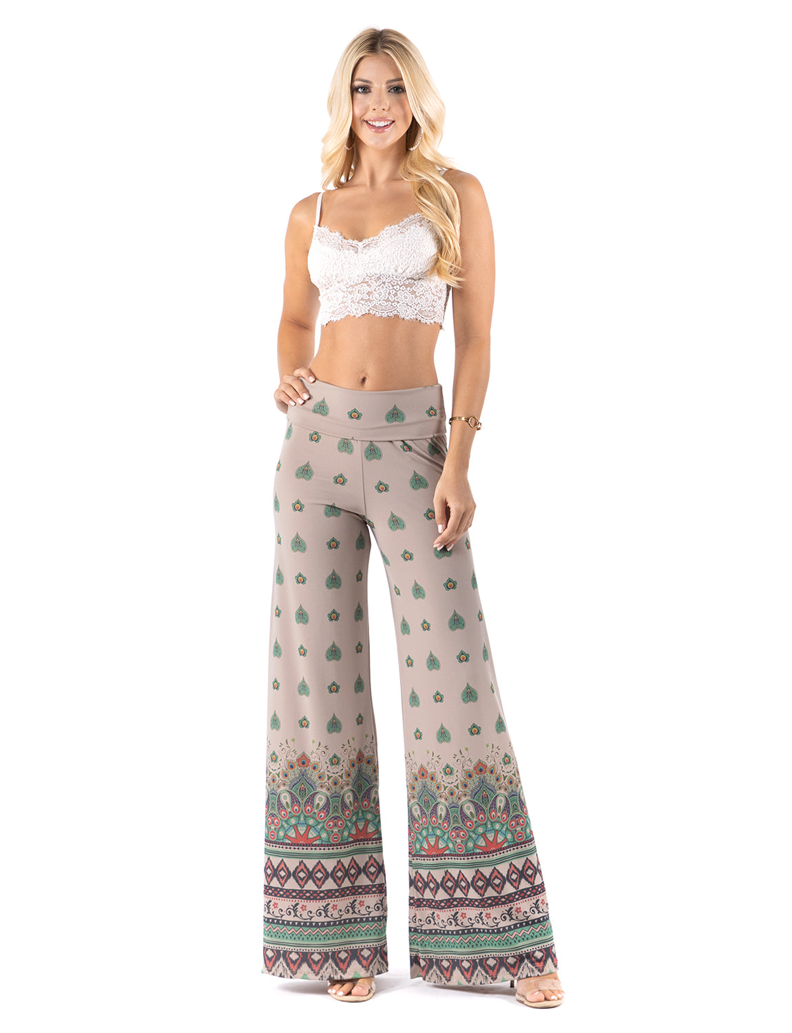 Tan & Green Floral High Waist Palazzo Pants