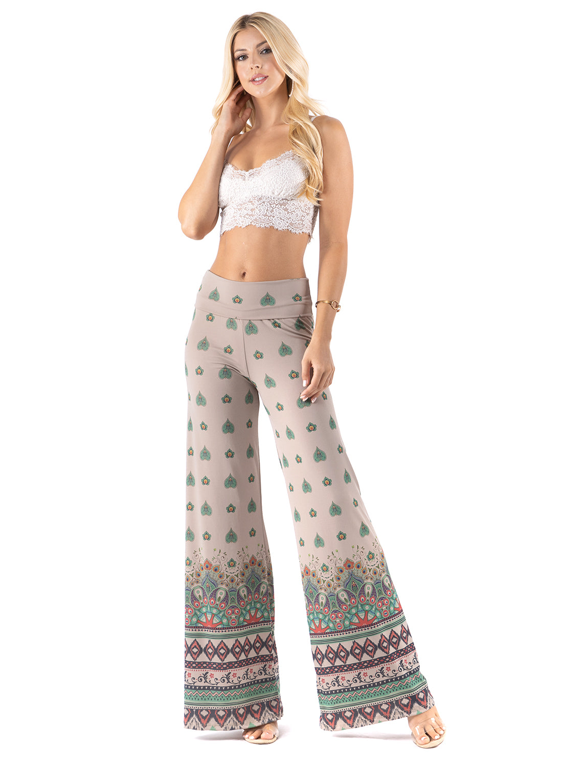 Tan & Green Floral High Waist Palazzo Pants
