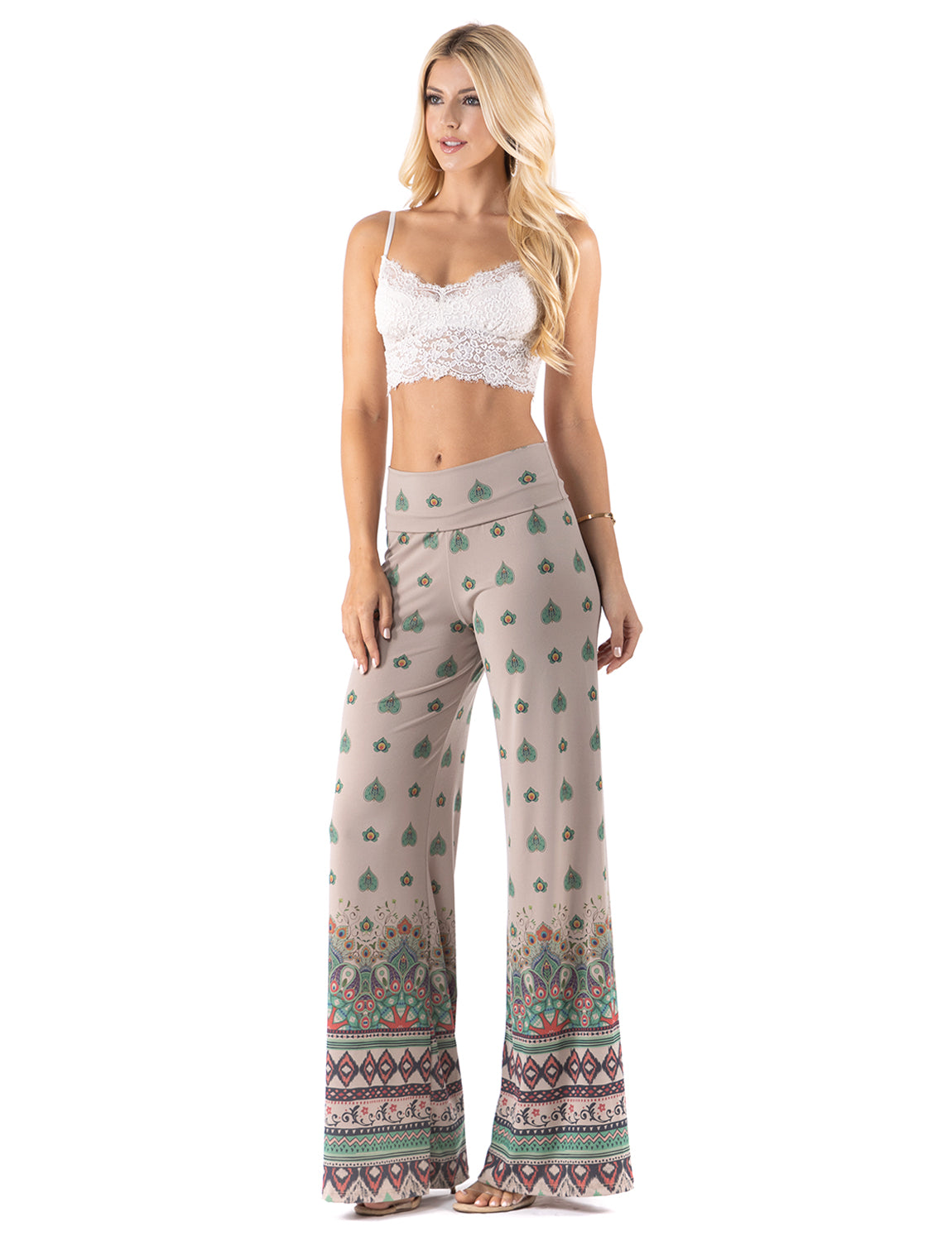 Tan & Green Floral High Waist Palazzo Pants