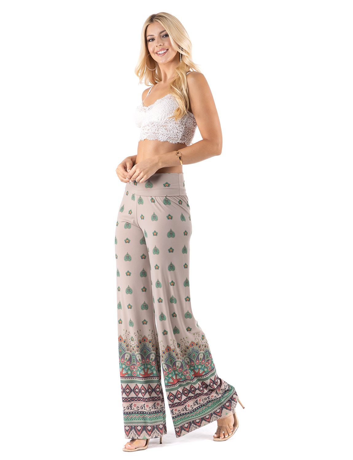 Tan & Green Floral High Waist Palazzo Pants