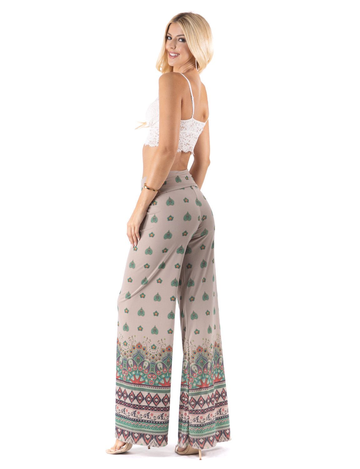 Tan & Green Floral High Waist Palazzo Pants