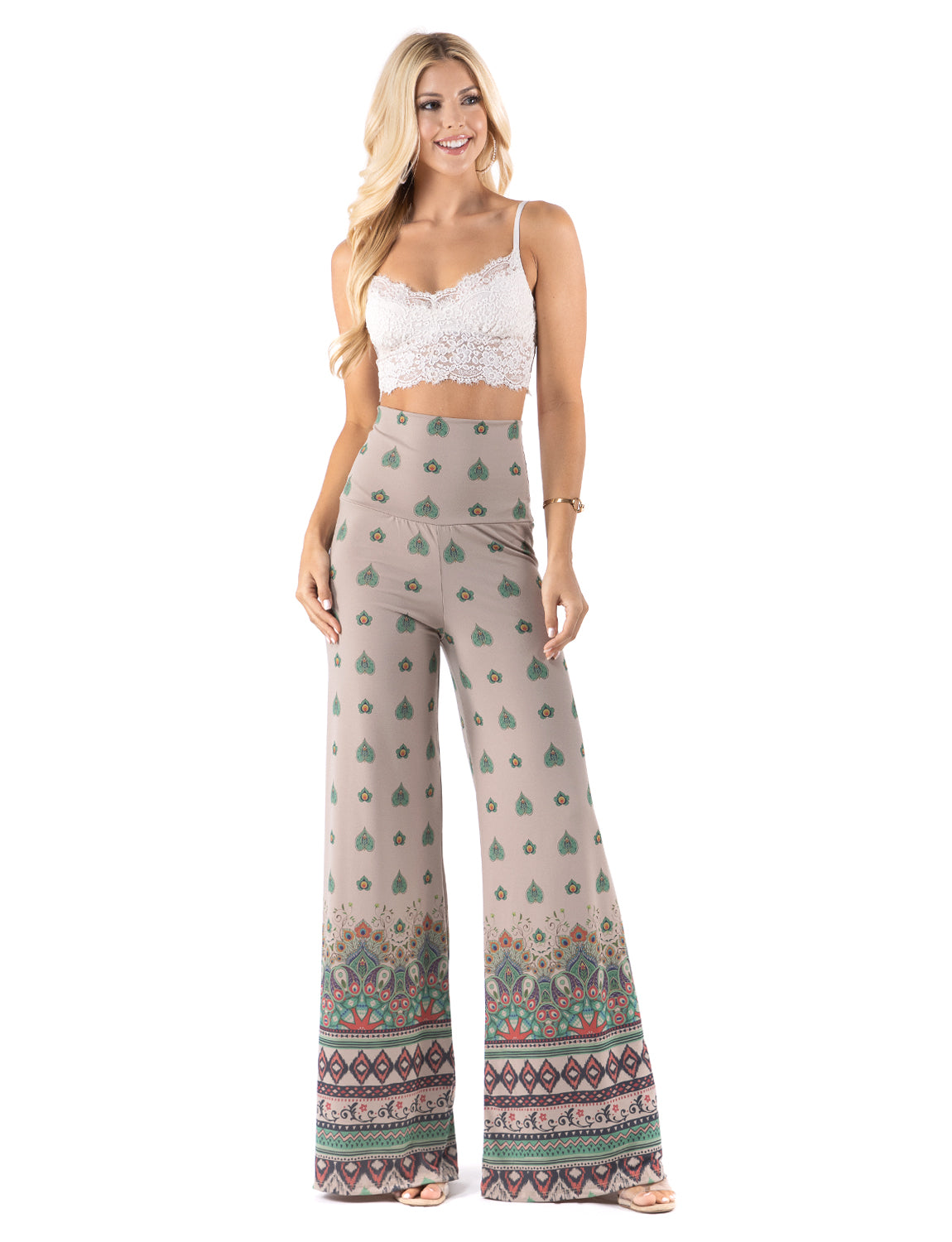 Tan & Green Floral High Waist Palazzo Pants