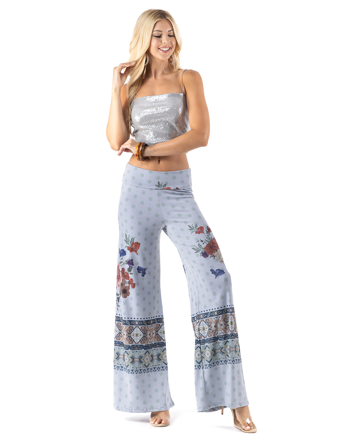 Blue Red Floral Print High Waist Palazzo Pants