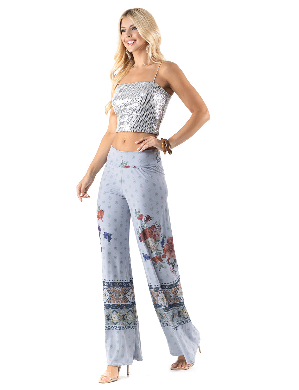 Blue Red Floral Print High Waist Palazzo Pants