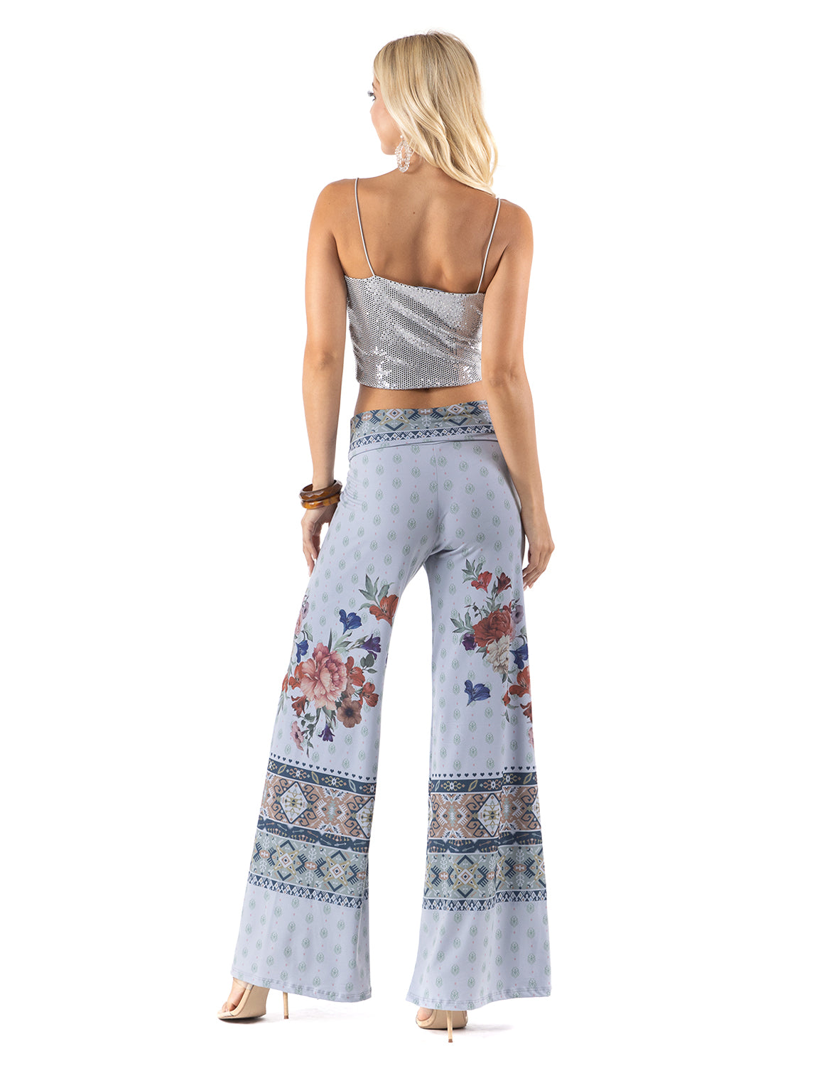 Blue Red Floral Print High Waist Palazzo Pants