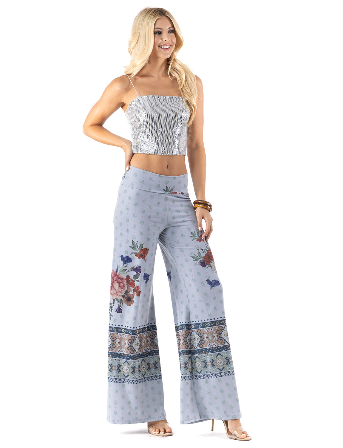 Blue Red Floral Print High Waist Palazzo Pants