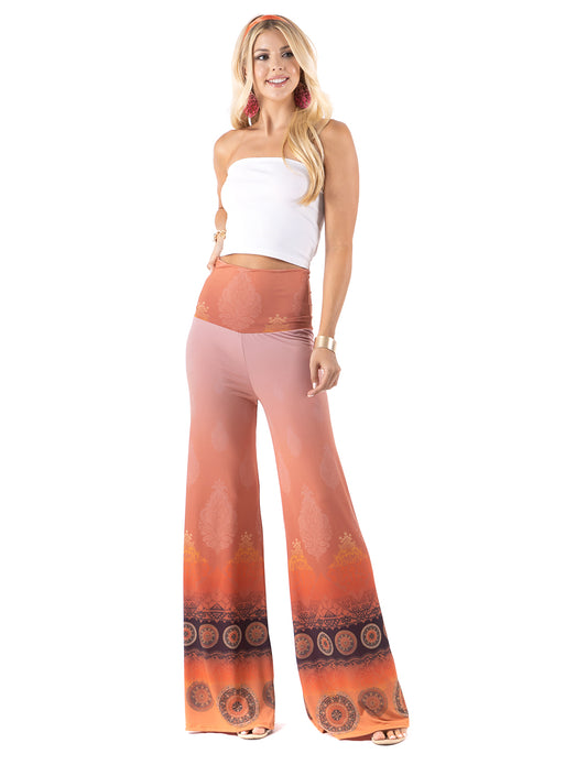 Pink Orange Floral Damask Design High Waist Palazzo Pants