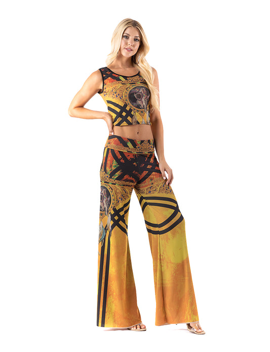 High Waist Palazzo Pants with Yellow Tribal Aztec Print