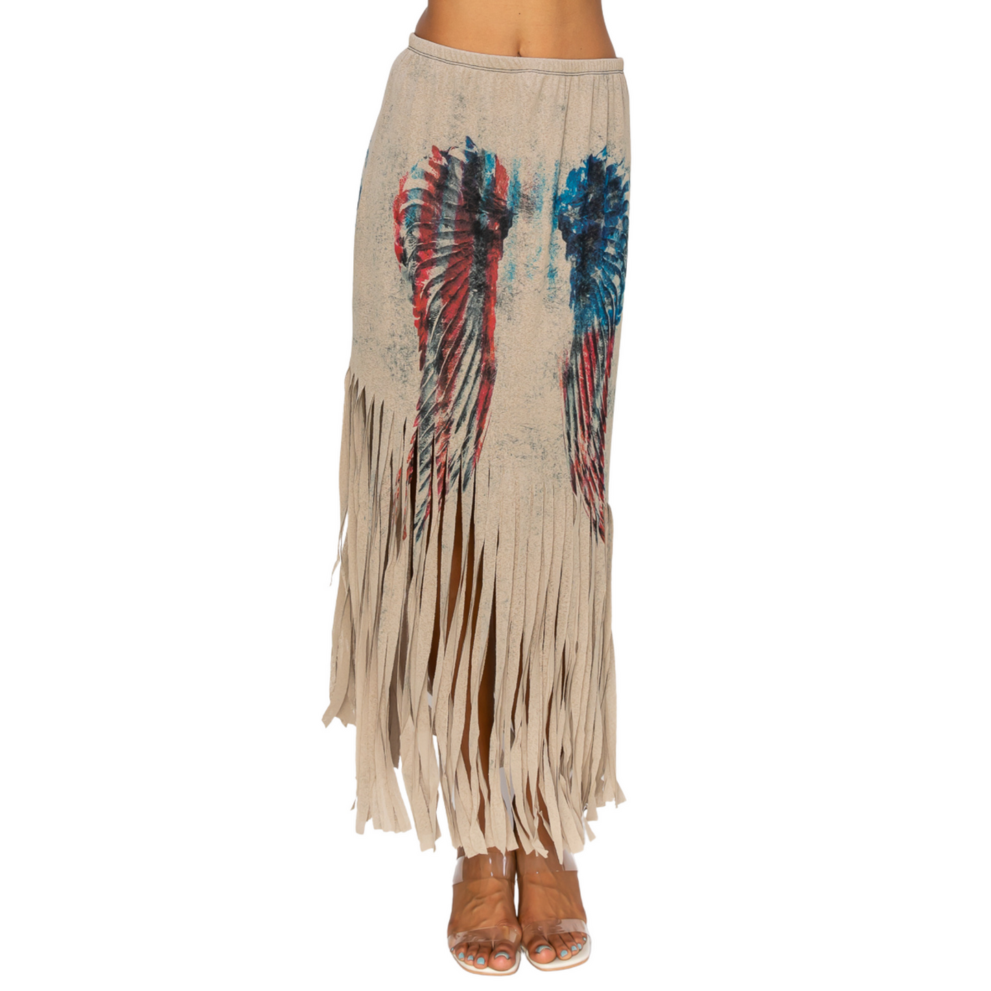 Sublimation Mocha Wing Print Fringe Skirt
