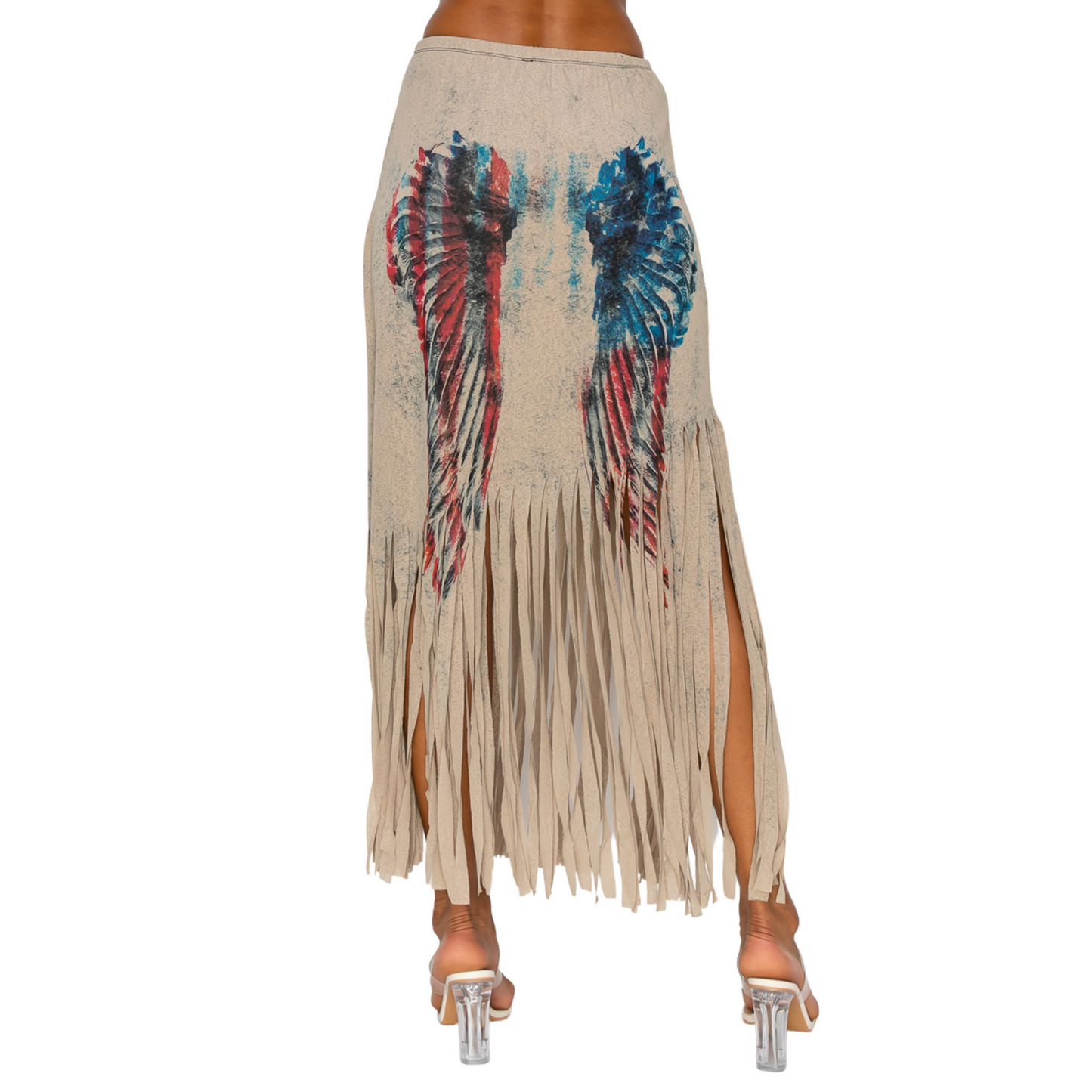 Sublimation Mocha Wing Print Fringe Skirt