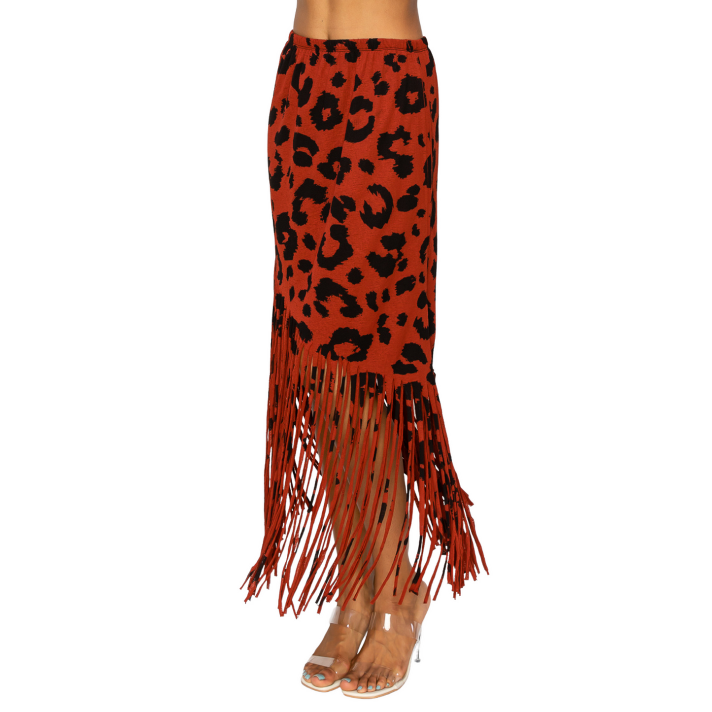 Women Fringe Skirt - Sublimation Rust Leopard Printed