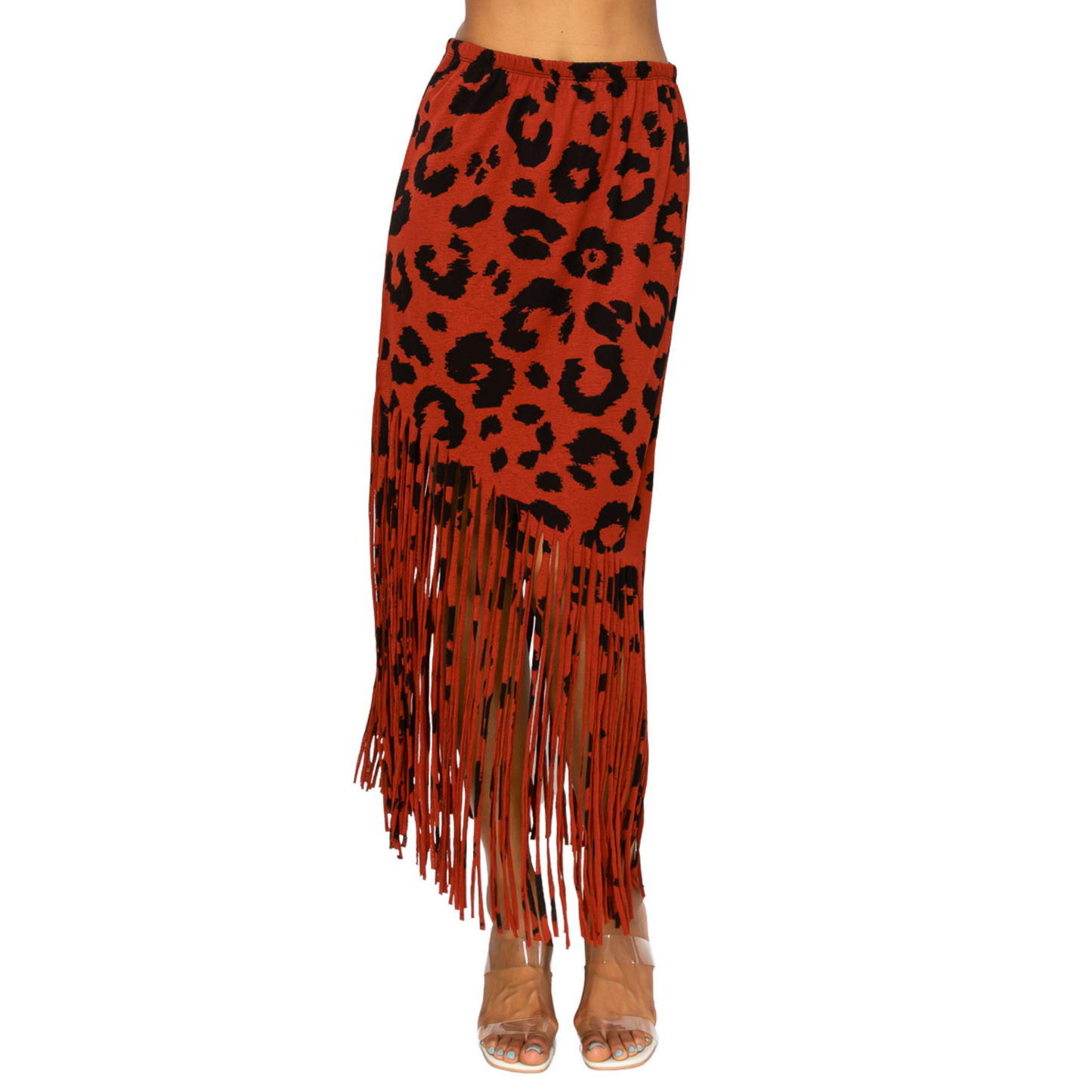Women Fringe Skirt - Sublimation Rust Leopard Printed