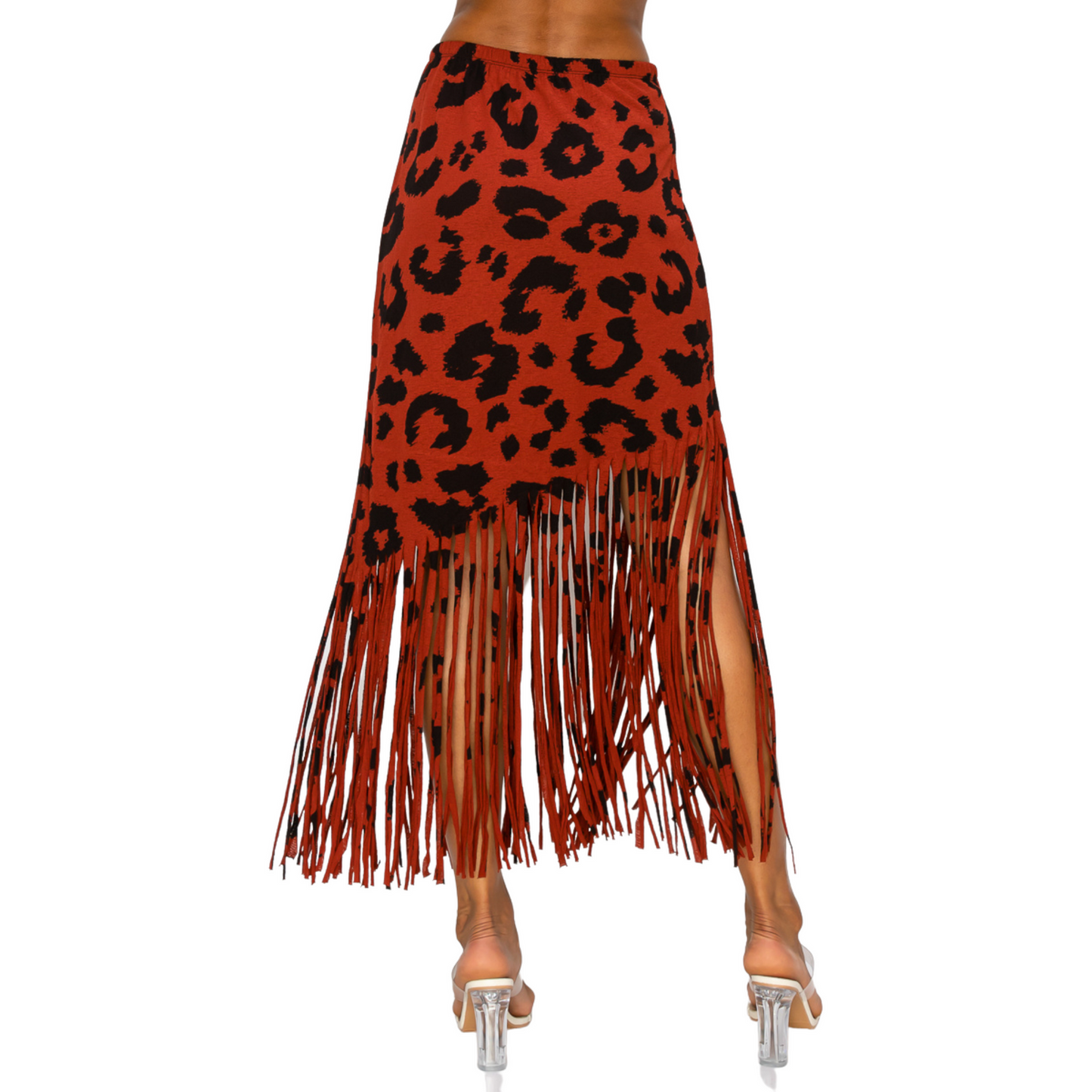 Women Fringe Skirt - Sublimation Rust Leopard Printed