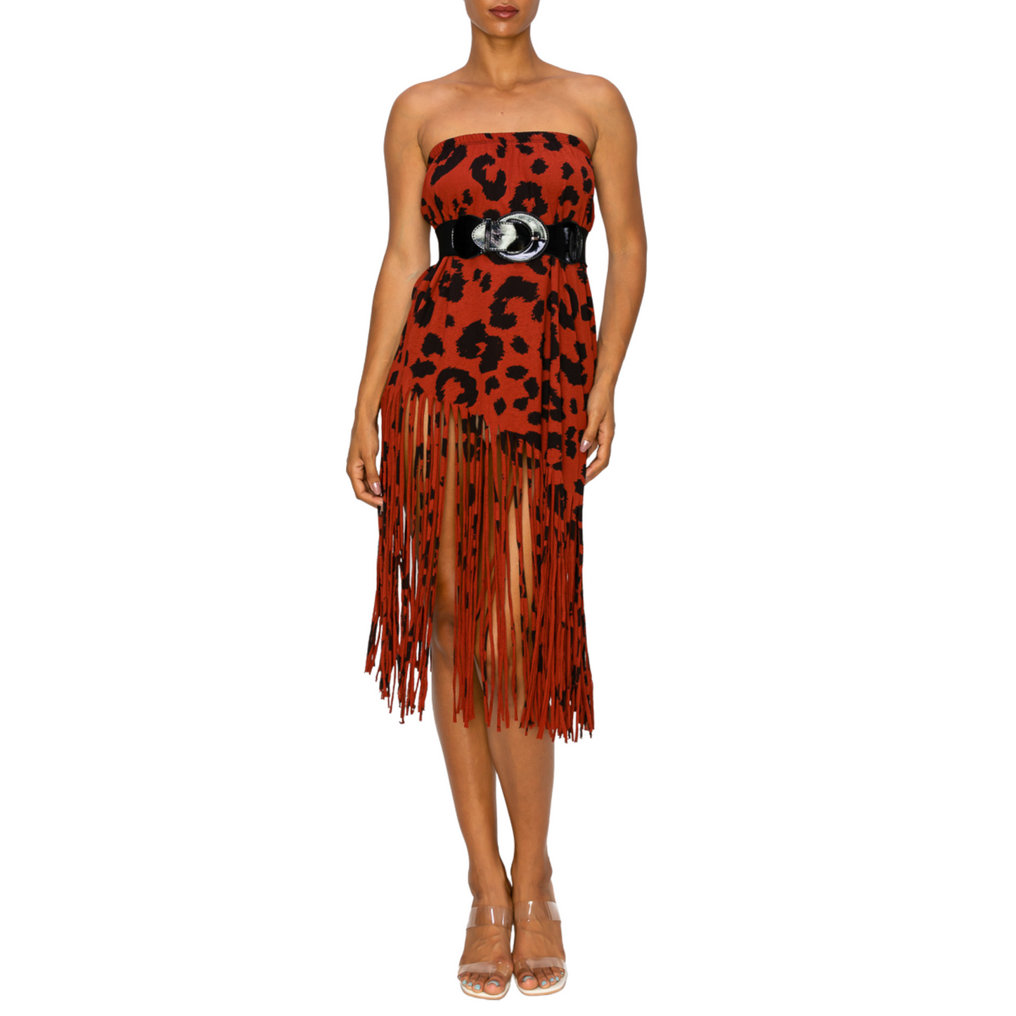 Women Fringe Skirt - Sublimation Rust Leopard Printed