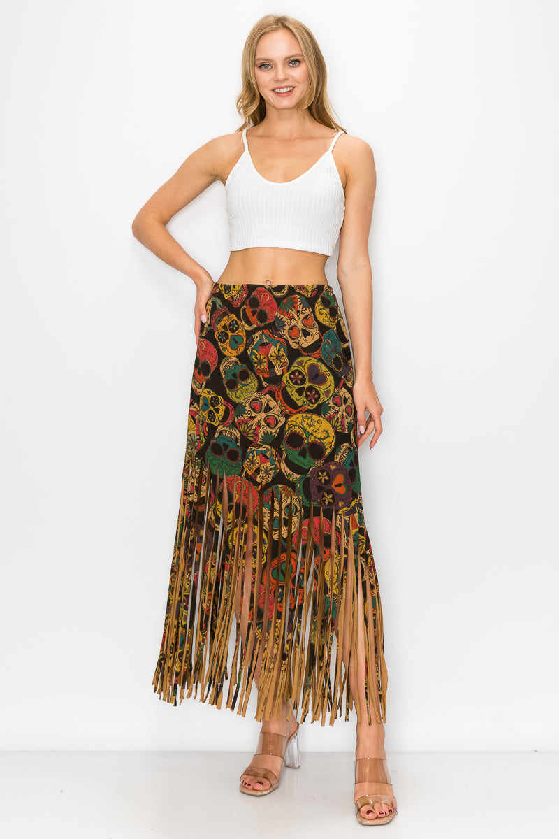 Sublimation Sugar Skull Printed Fringe Skirt for Women