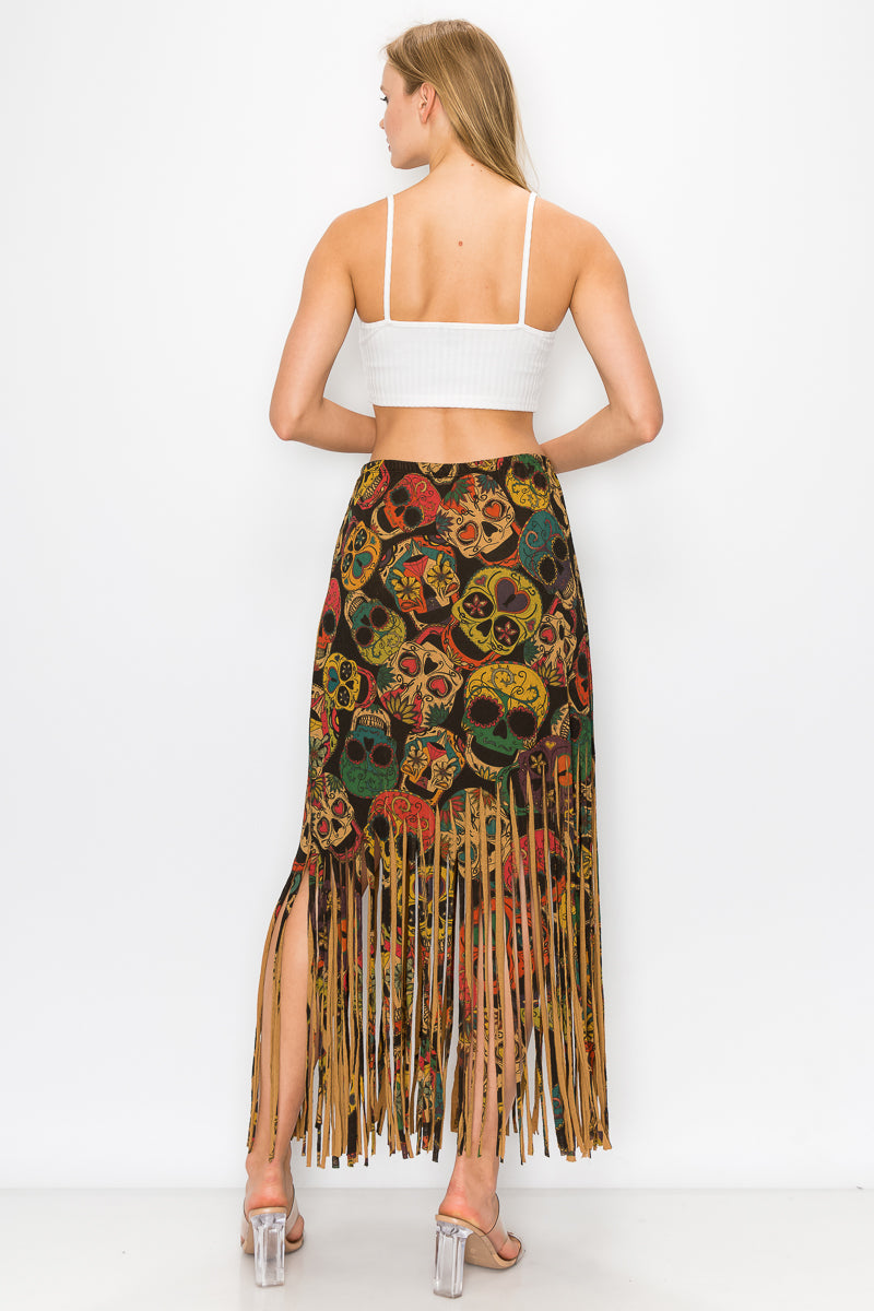 Sublimation Sugar Skull Printed Fringe Skirt for Women