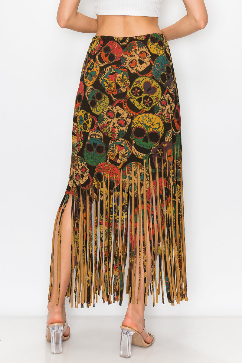 Sublimation Sugar Skull Printed Fringe Skirt for Women