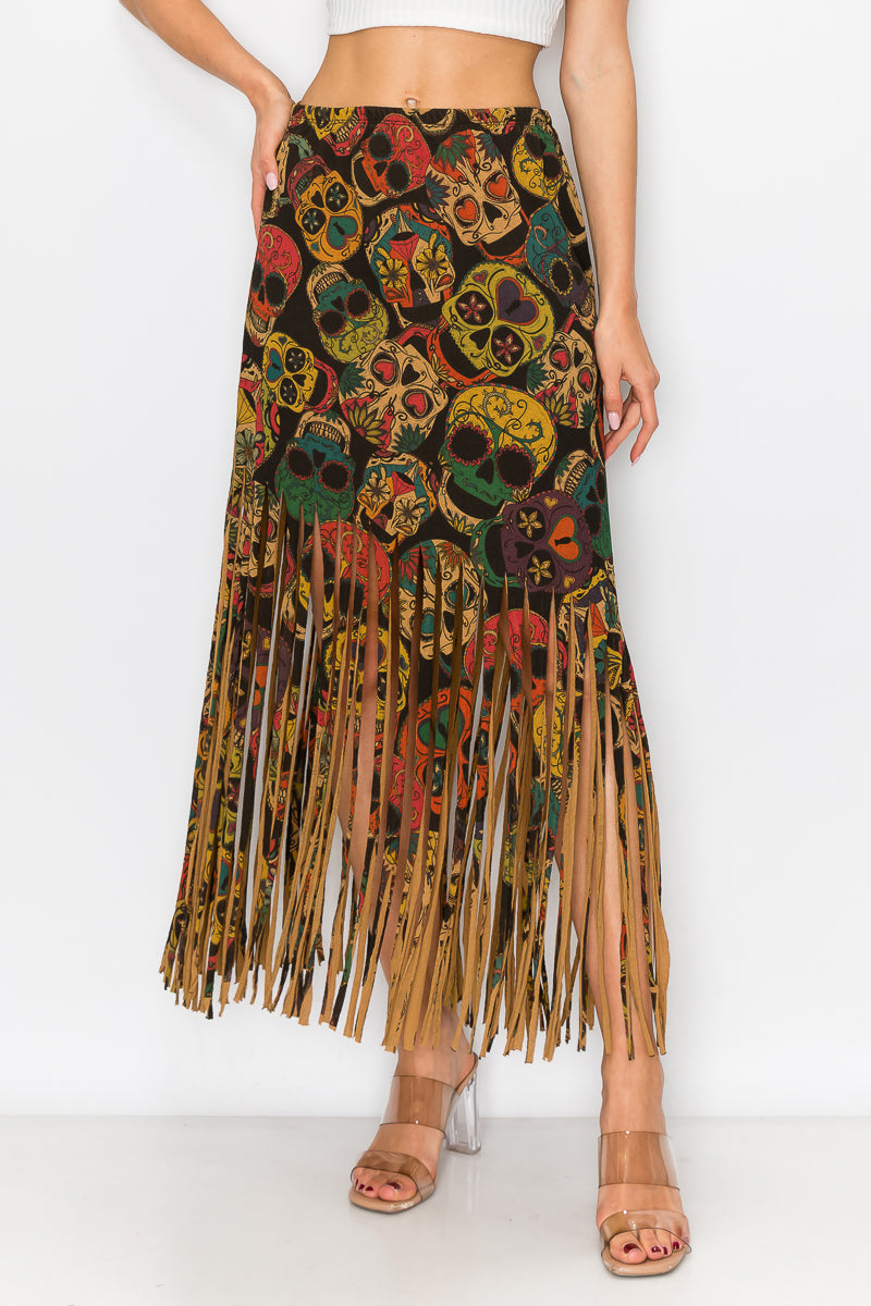Sublimation Sugar Skull Printed Fringe Skirt for Women