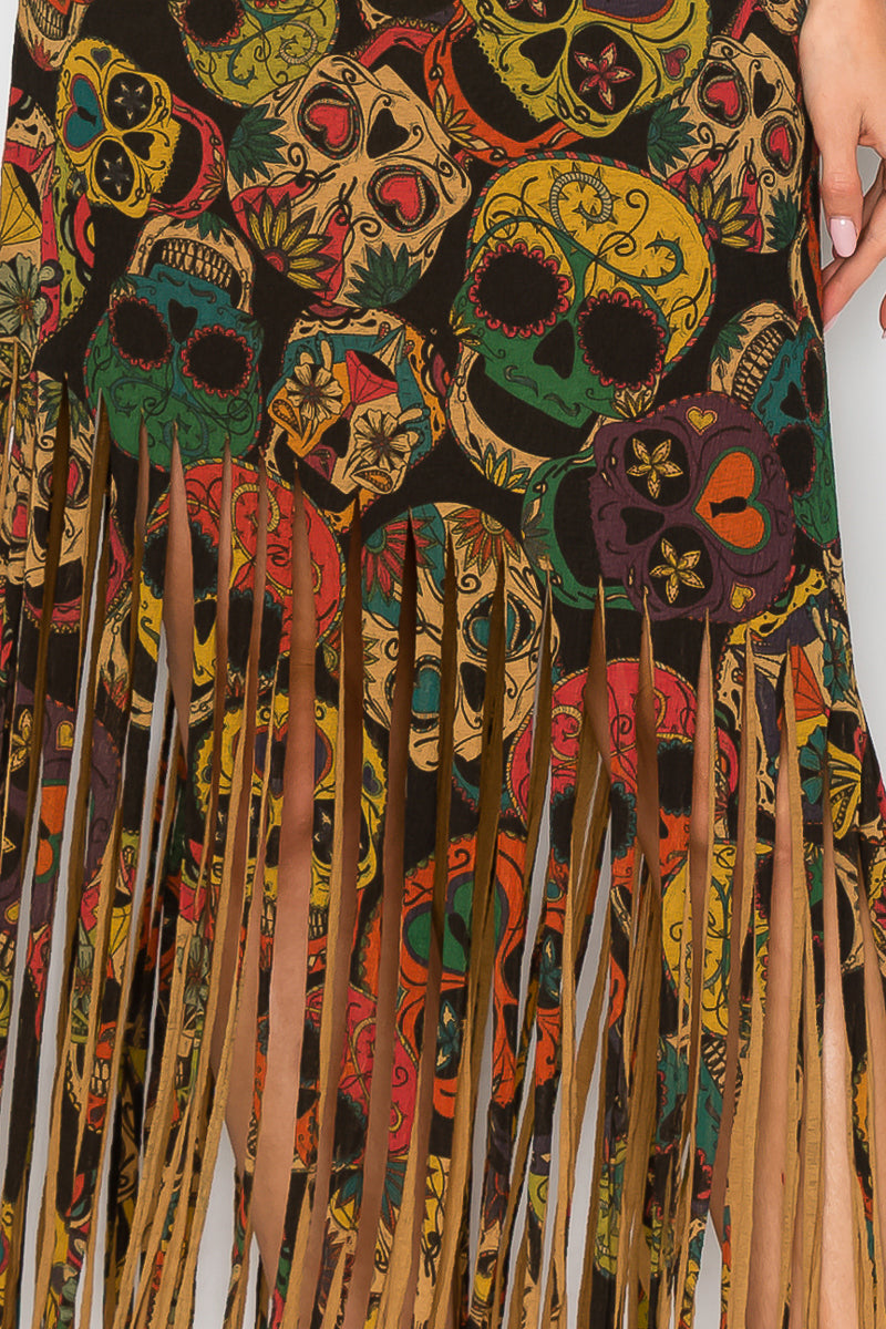 Sublimation Sugar Skull Printed Fringe Skirt for Women