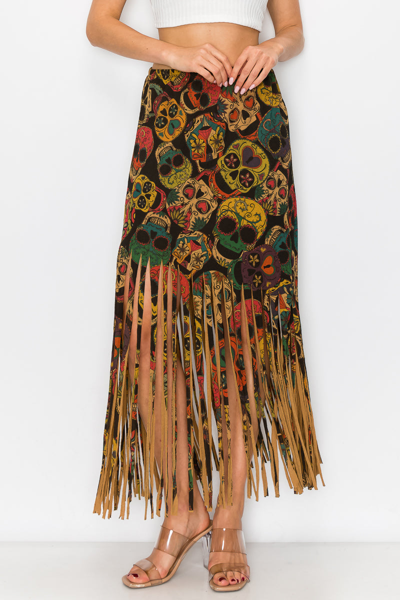 Sublimation Sugar Skull Printed Fringe Skirt for Women