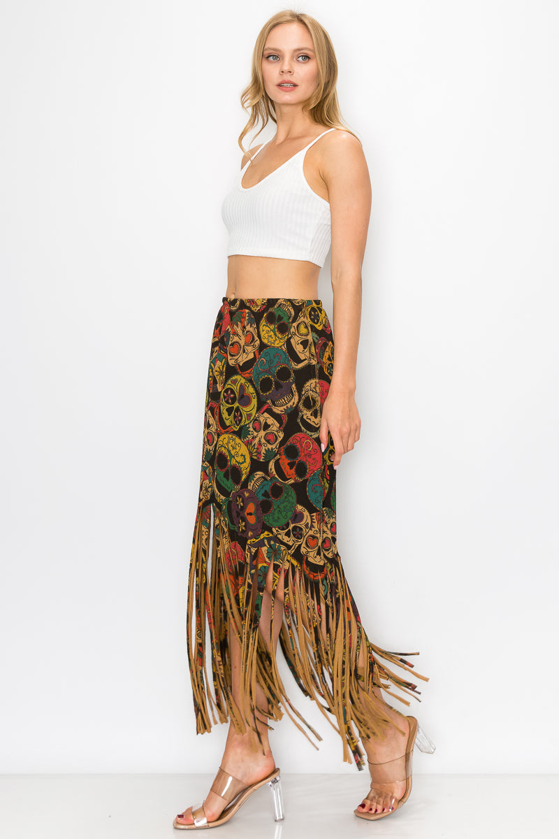 Sublimation Sugar Skull Printed Fringe Skirt for Women