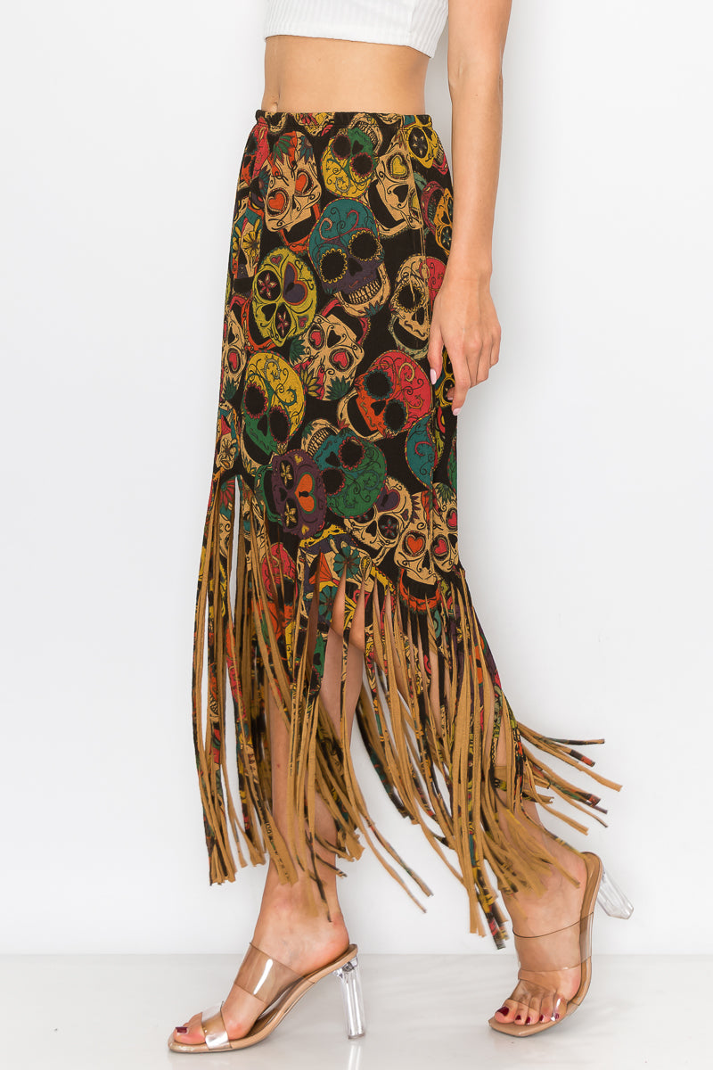 Sublimation Sugar Skull Printed Fringe Skirt for Women