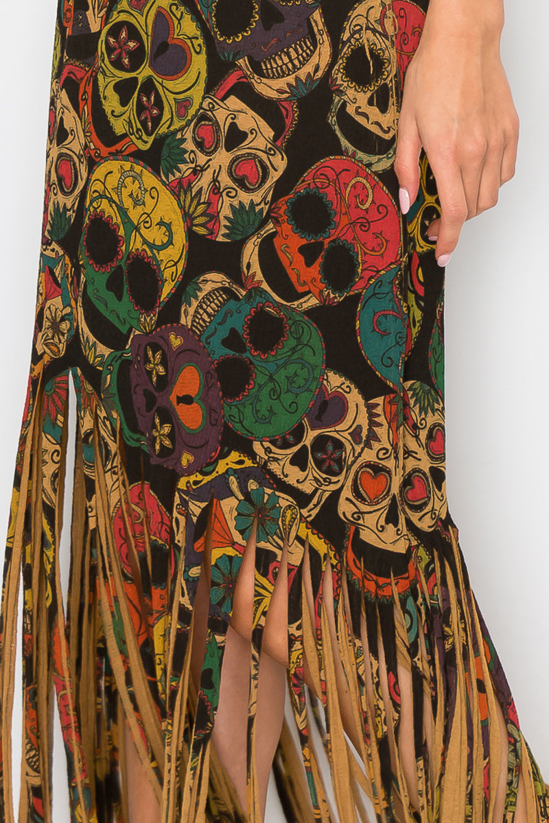 Sublimation Sugar Skull Printed Fringe Skirt for Women