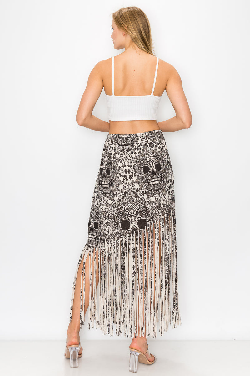 Sublimation Skull Printed Elastic Waist Fringe Skirt
