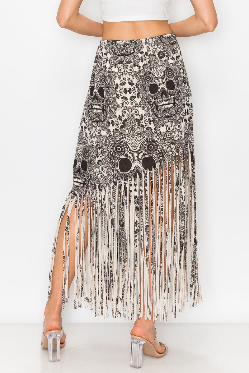 Sublimation Skull Printed Elastic Waist Fringe Skirt