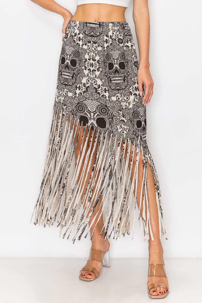 Sublimation Skull Printed Elastic Waist Fringe Skirt