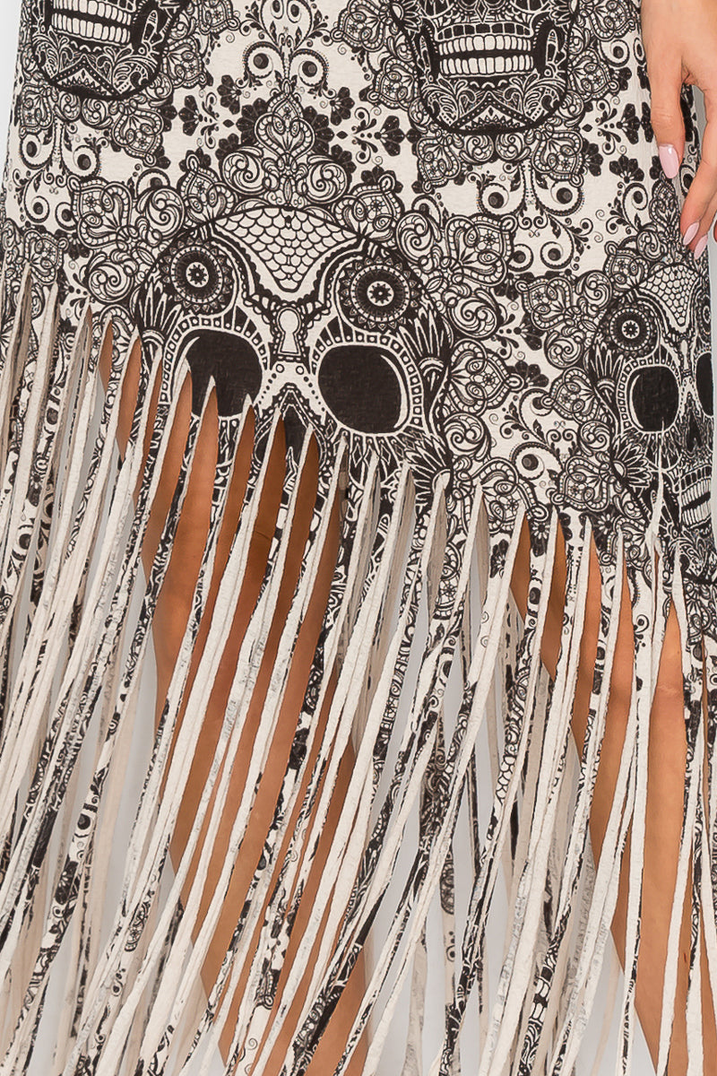 Sublimation Skull Printed Elastic Waist Fringe Skirt