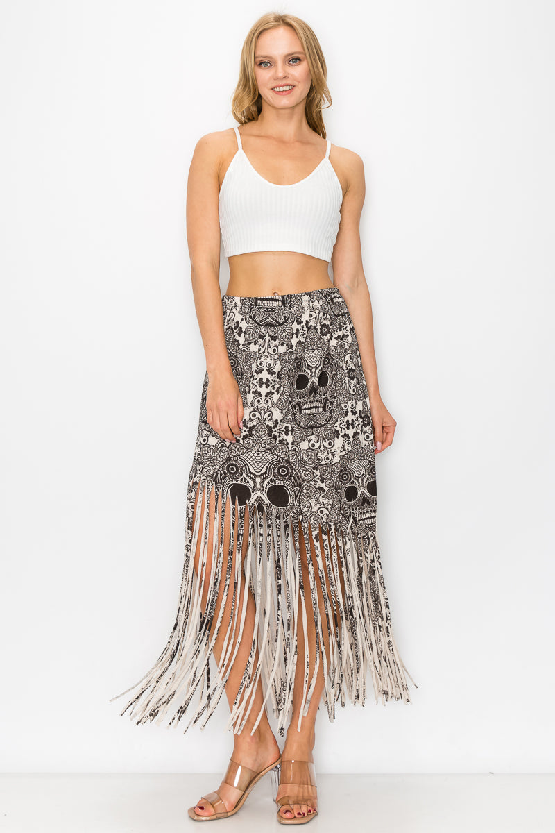 Sublimation Skull Printed Elastic Waist Fringe Skirt