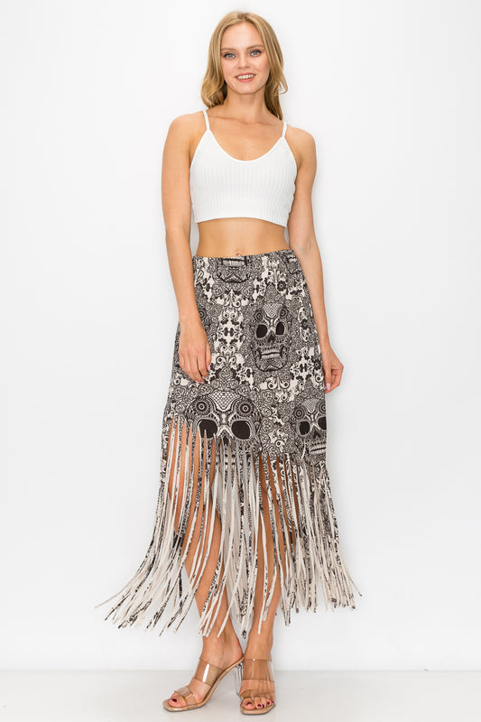 Sublimation Skull Printed Elastic Waist Fringe Skirt