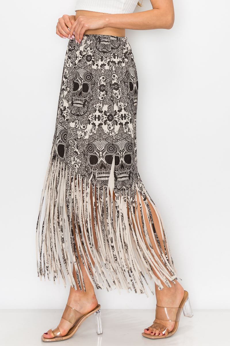 Sublimation Skull Printed Elastic Waist Fringe Skirt